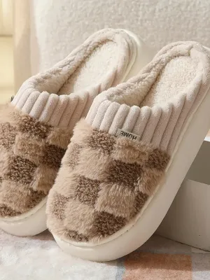 FUZZY CHECKERED SLIPPERS - COFFEE
