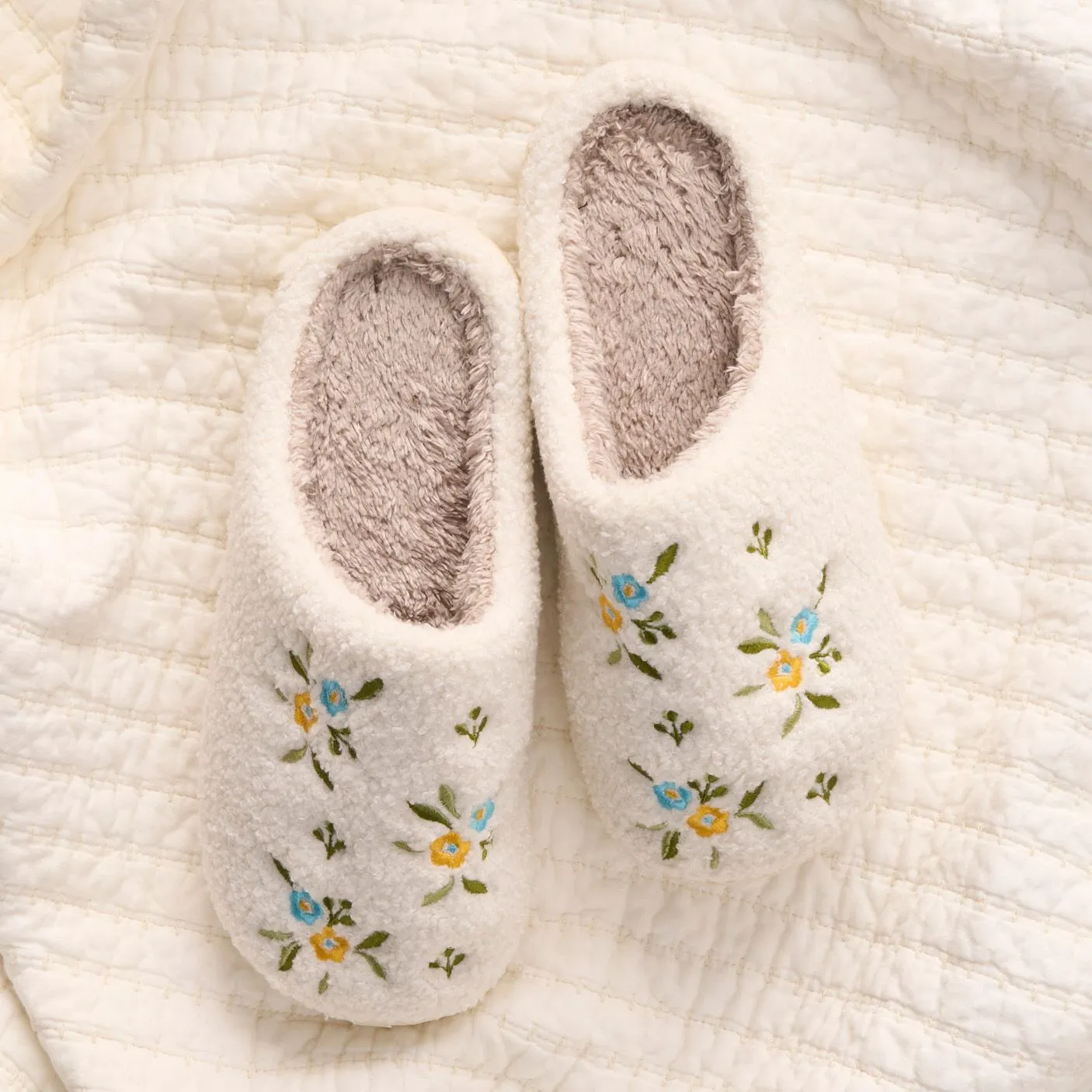 Fuzzy Slippers | Dainty Floral Blue   Yellow