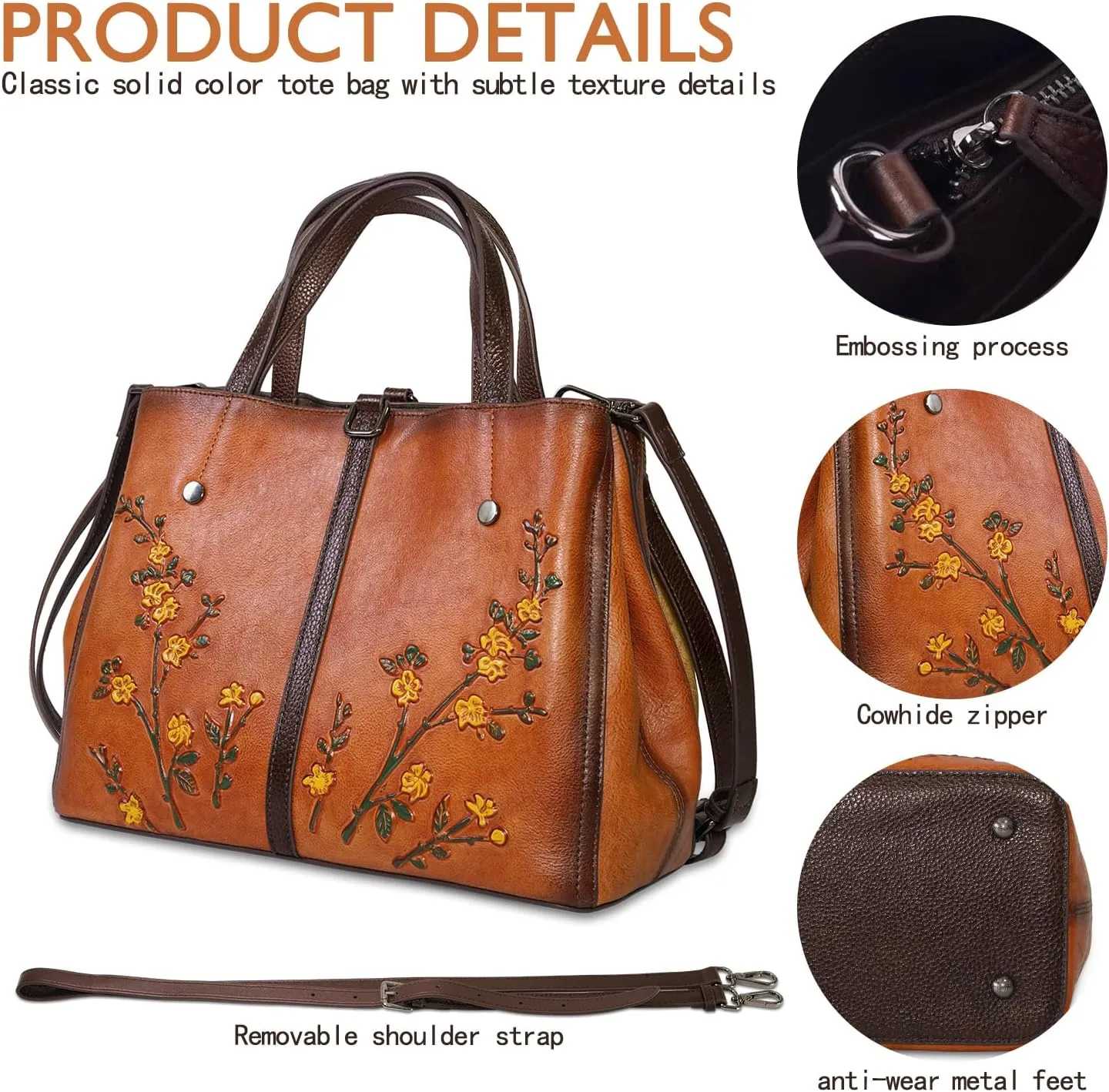 Genuine Leather Satchel with Embossing