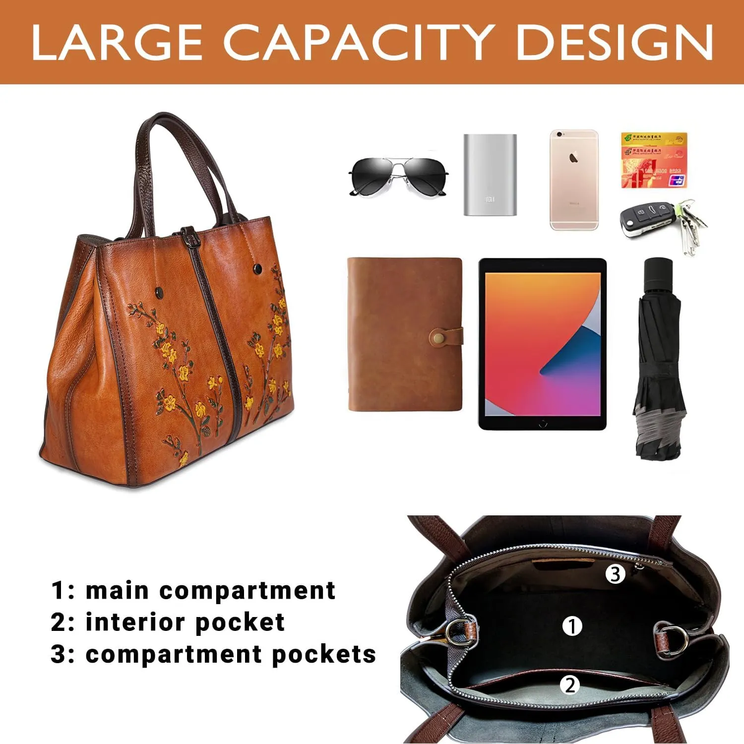 Genuine Leather Satchel with Embossing