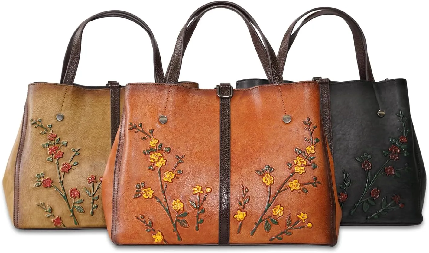 Genuine Leather Satchel with Embossing