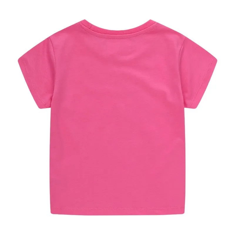 Girls Summer Short Sleeve Cotton T-shirt with Animals Embroidery - Bright Pink, Striped Yellow
