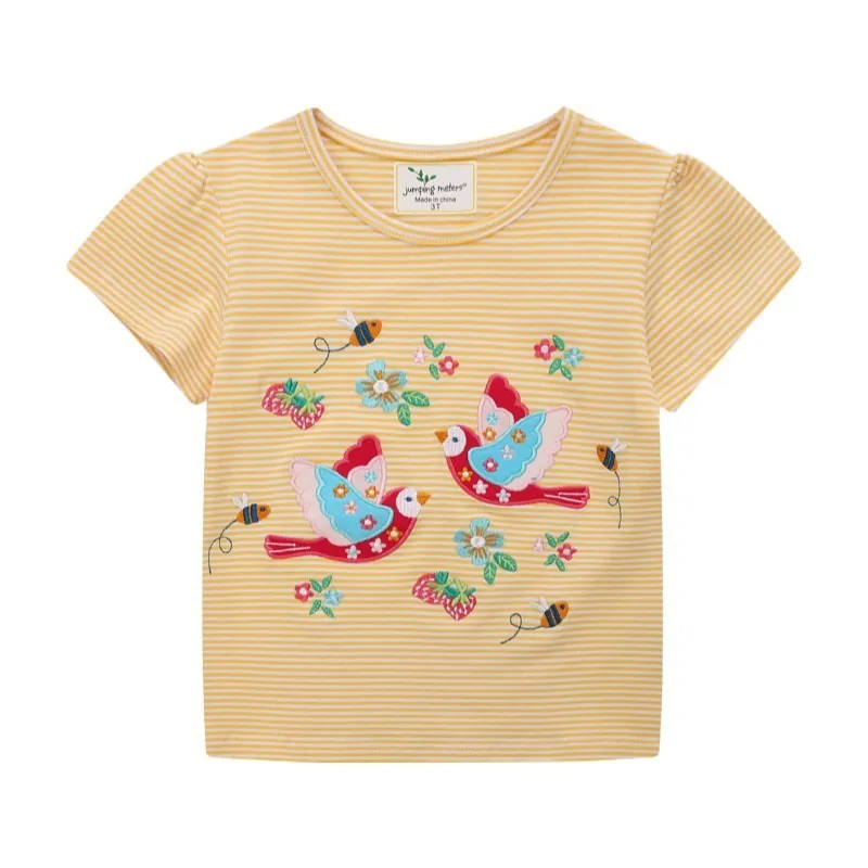 Girls Summer Short Sleeve Cotton T-shirt with Animals Embroidery - Bright Pink, Striped Yellow