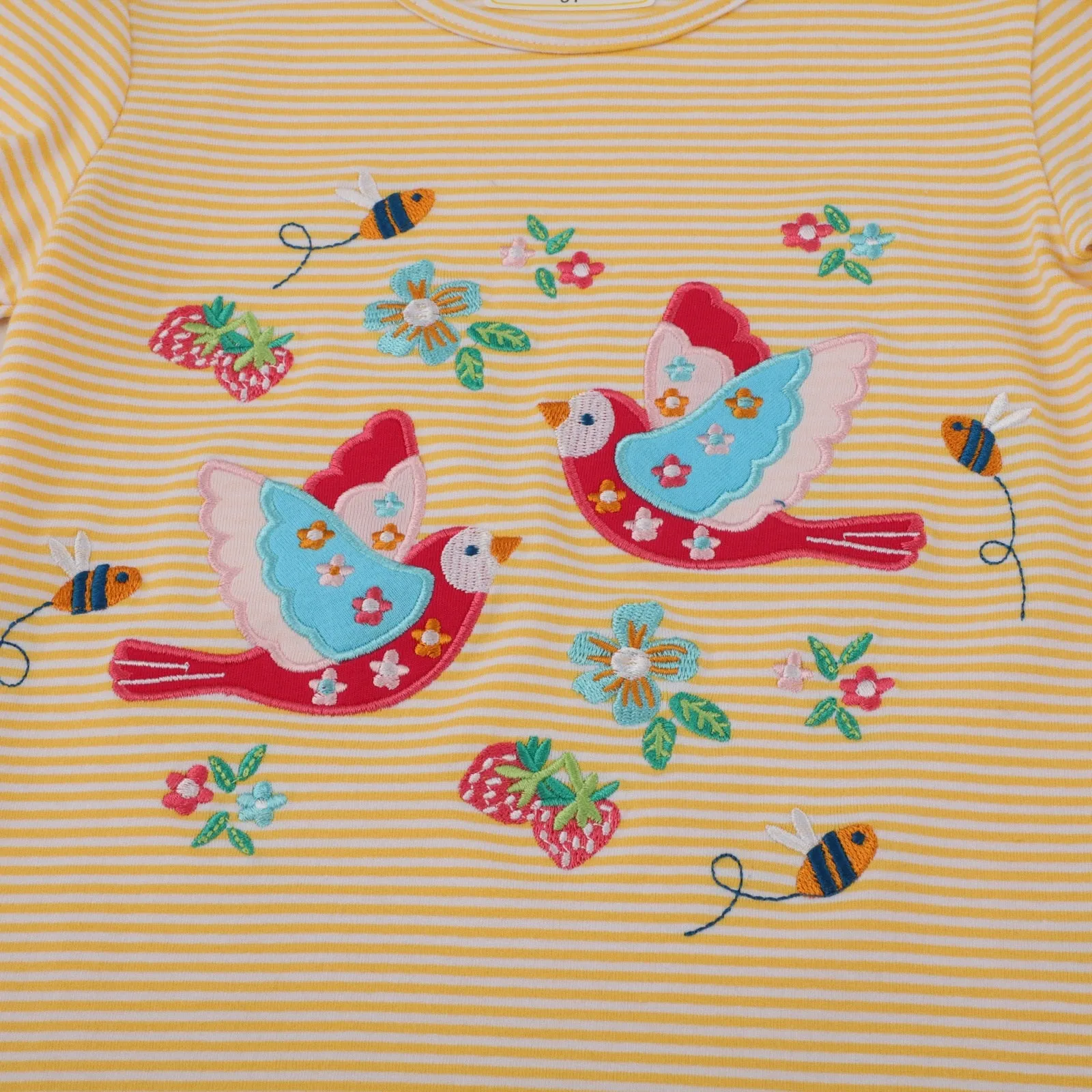 Girls Summer Short Sleeve Cotton T-shirt with Animals Embroidery - Bright Pink, Striped Yellow