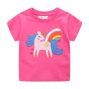 Girls Summer Short Sleeve Cotton T-shirt with Animals Embroidery - Bright Pink, Striped Yellow