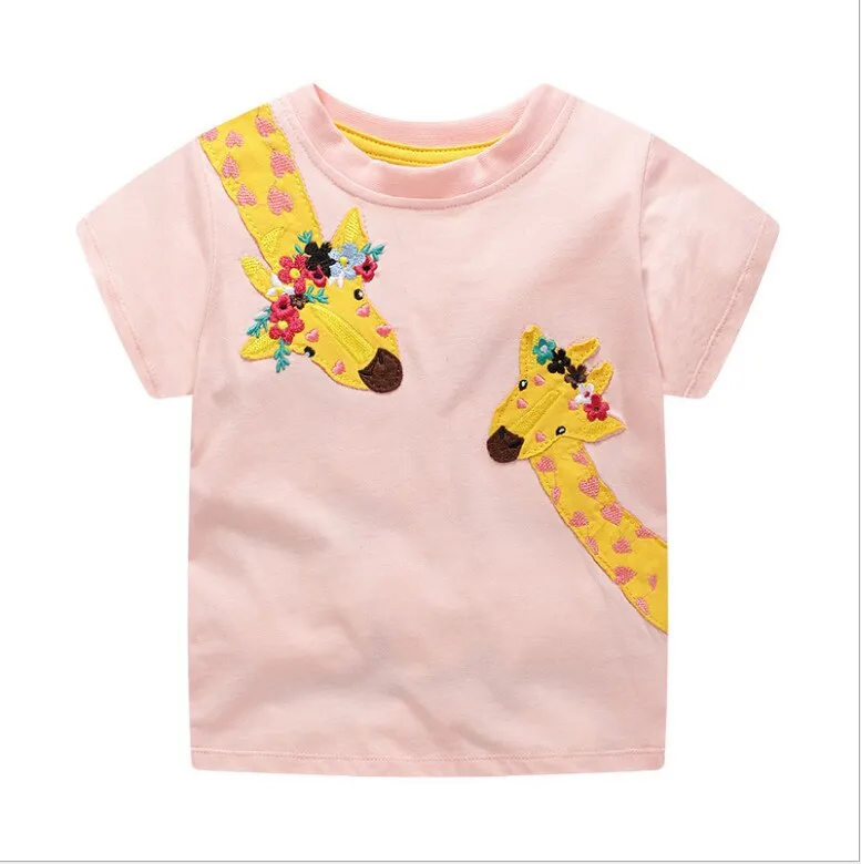 Girls Summer Short Sleeve Cotton T-shirt with Animals Embroidery - Striped Yellow, Light Pink