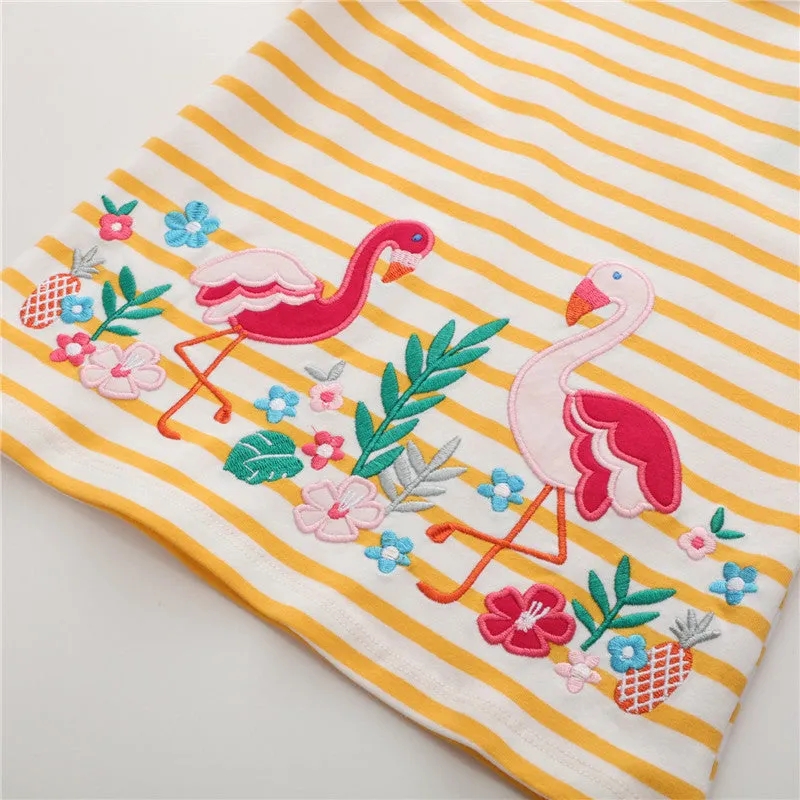 Girls Summer Short Sleeve Cotton T-shirt with Animals Embroidery - Striped Yellow, Light Pink