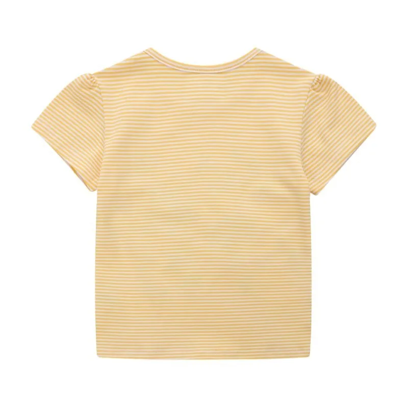Girls Summer Short Sleeve Cotton T-shirt with Animals Embroidery - Striped Yellow, Light Pink