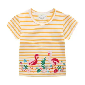 Girls Summer Short Sleeve Cotton T-shirt with Animals Embroidery - Striped Yellow, Light Pink