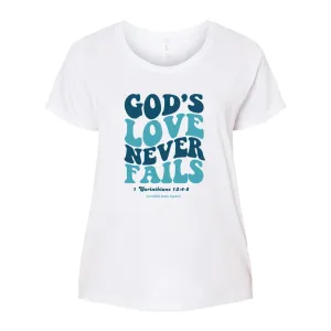 God's Love Never Fails Plus Size Tee (Turquoise/White)