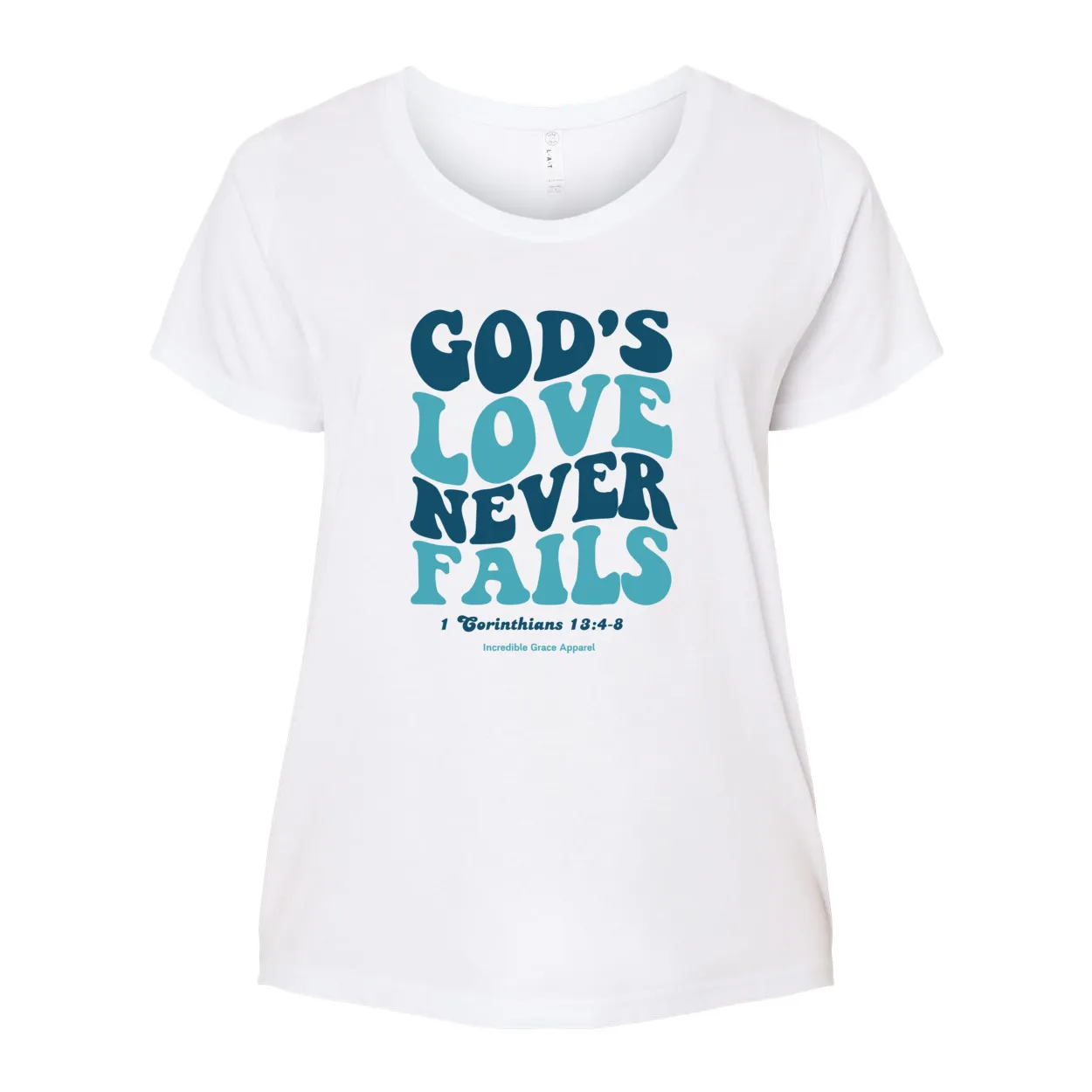 God's Love Never Fails Plus Size Tee (Turquoise/White)