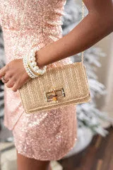 Gold Lilly Woven Straw Clutch-Bamboo Toggle