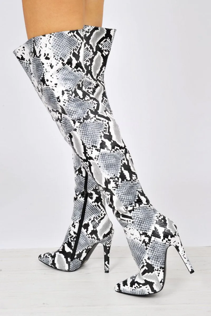 Grey Snake Print Knee High Boots - Janelle