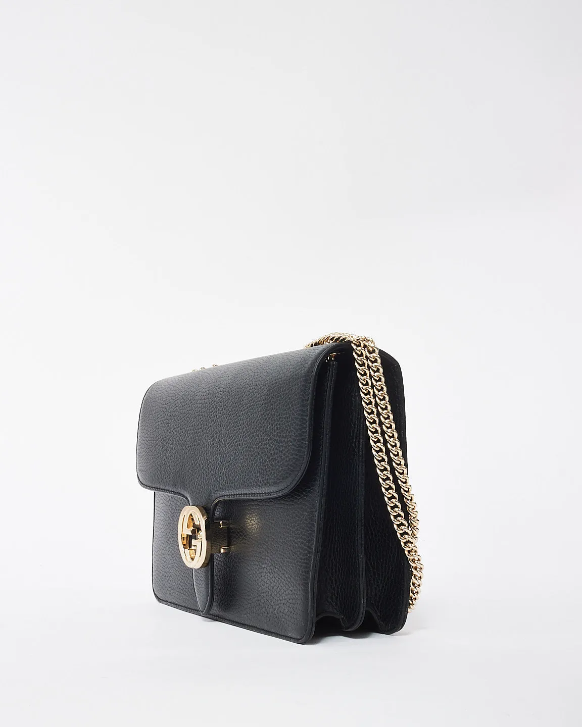 Gucci Black Leather Interlocking G Dollar Flap Shoulder Bag