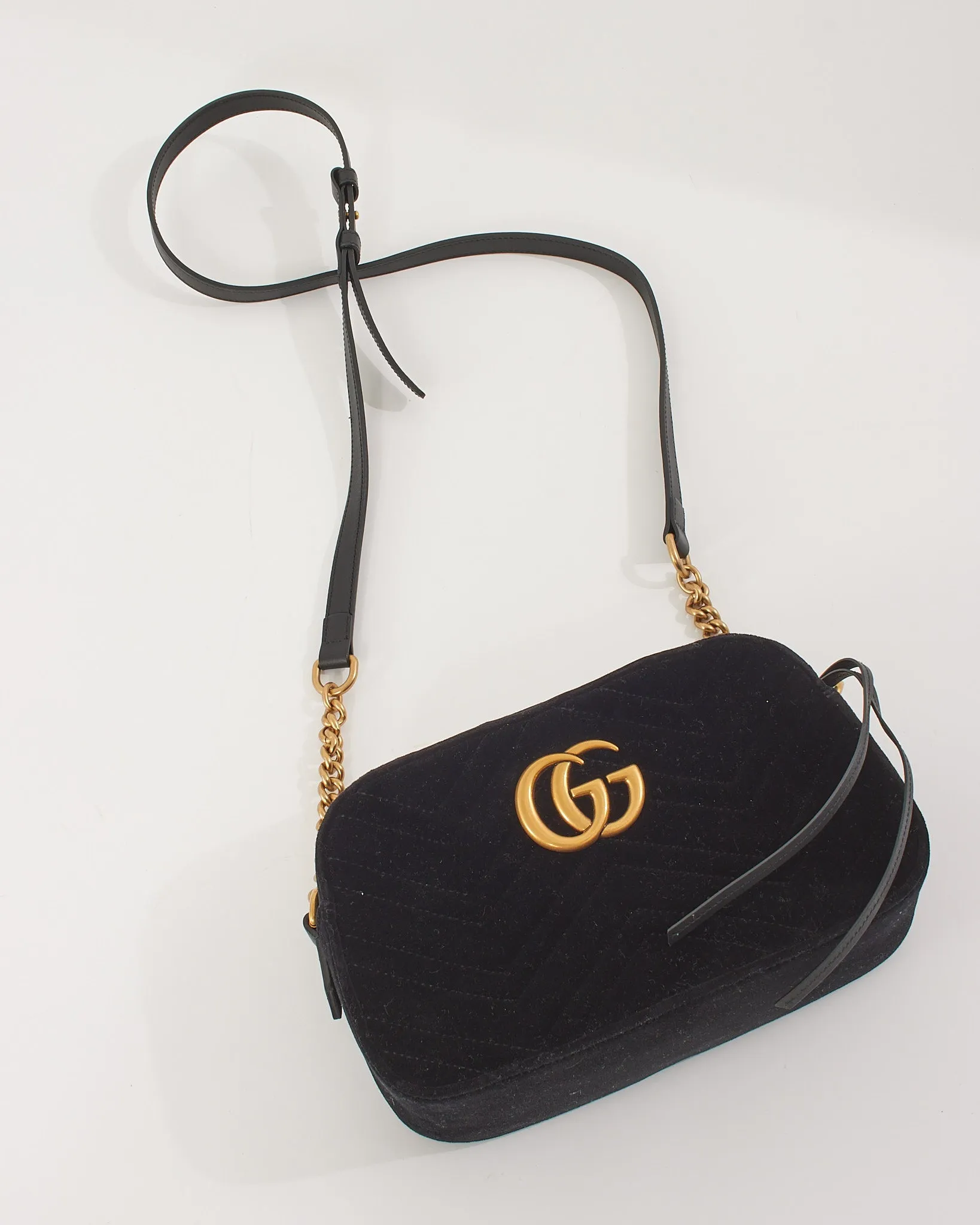 Gucci Black Velvet GG Marmont Matelassé Small Crossbody Bag