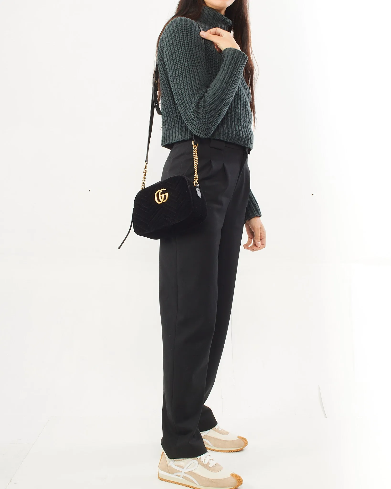 Gucci Black Velvet GG Marmont Matelassé Small Crossbody Bag