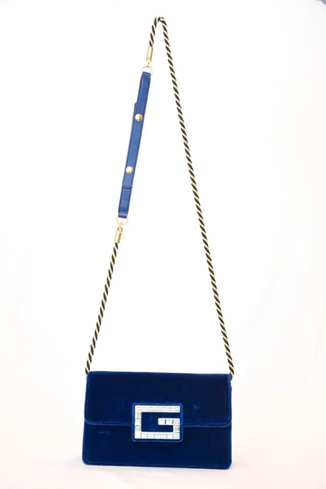 Gucci Broadway Velvet Shoulder Bag with Jeweled G (Blue)