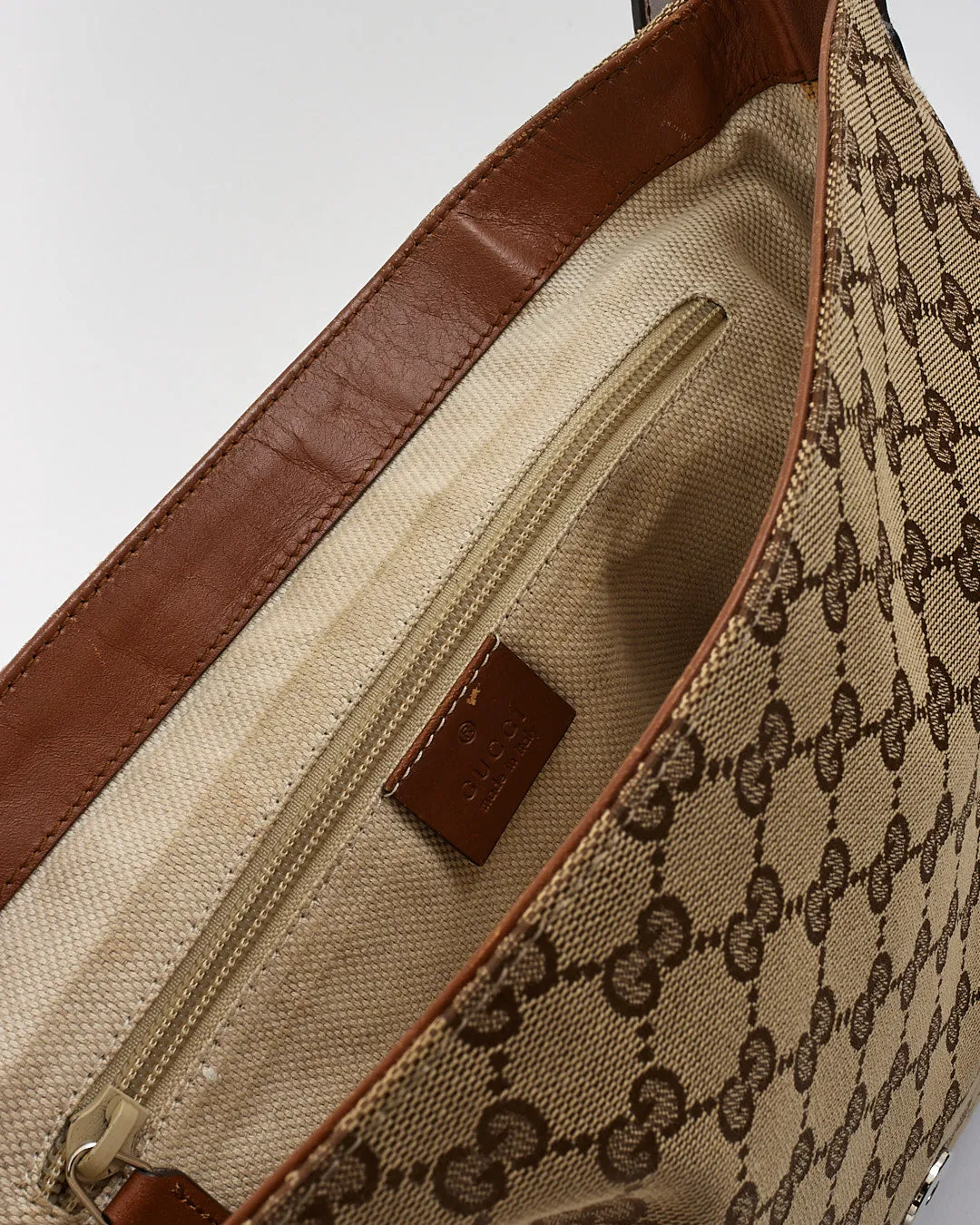 Gucci Monogram GG Canvas Tan Leather Flap Vertical Messenger Bag