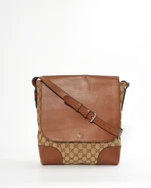Gucci Monogram GG Canvas Tan Leather Flap Vertical Messenger Bag