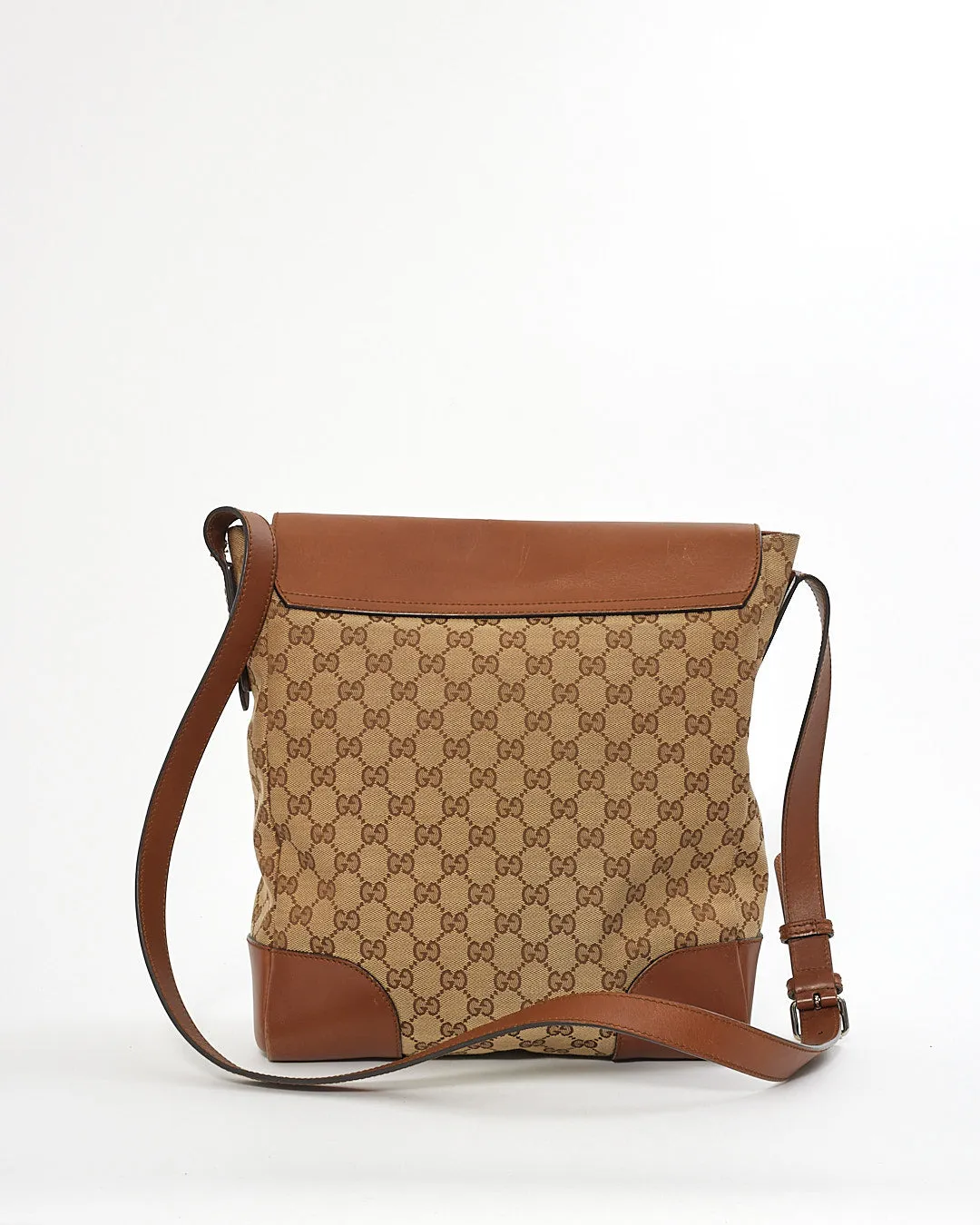 Gucci Monogram GG Canvas Tan Leather Flap Vertical Messenger Bag