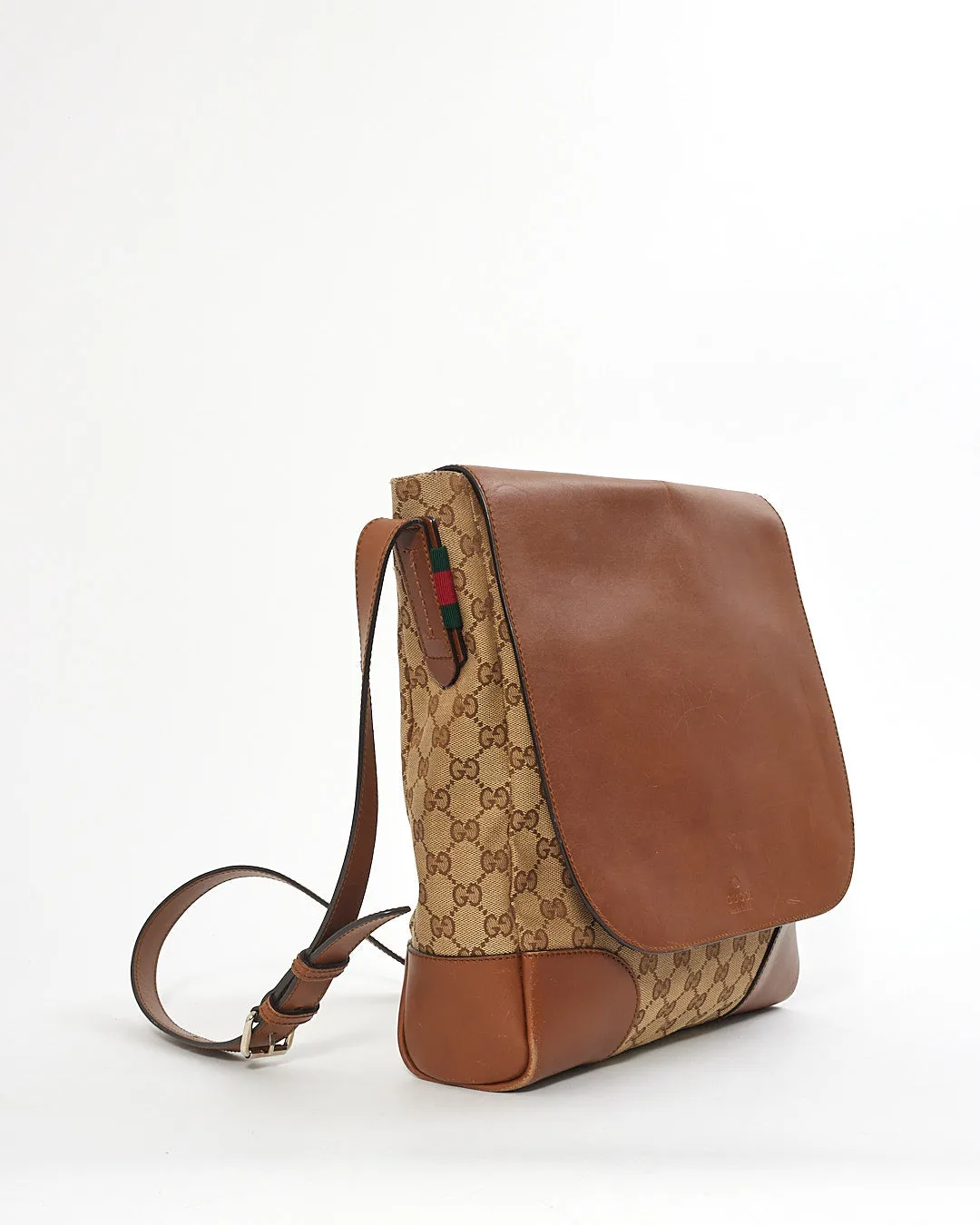 Gucci Monogram GG Canvas Tan Leather Flap Vertical Messenger Bag