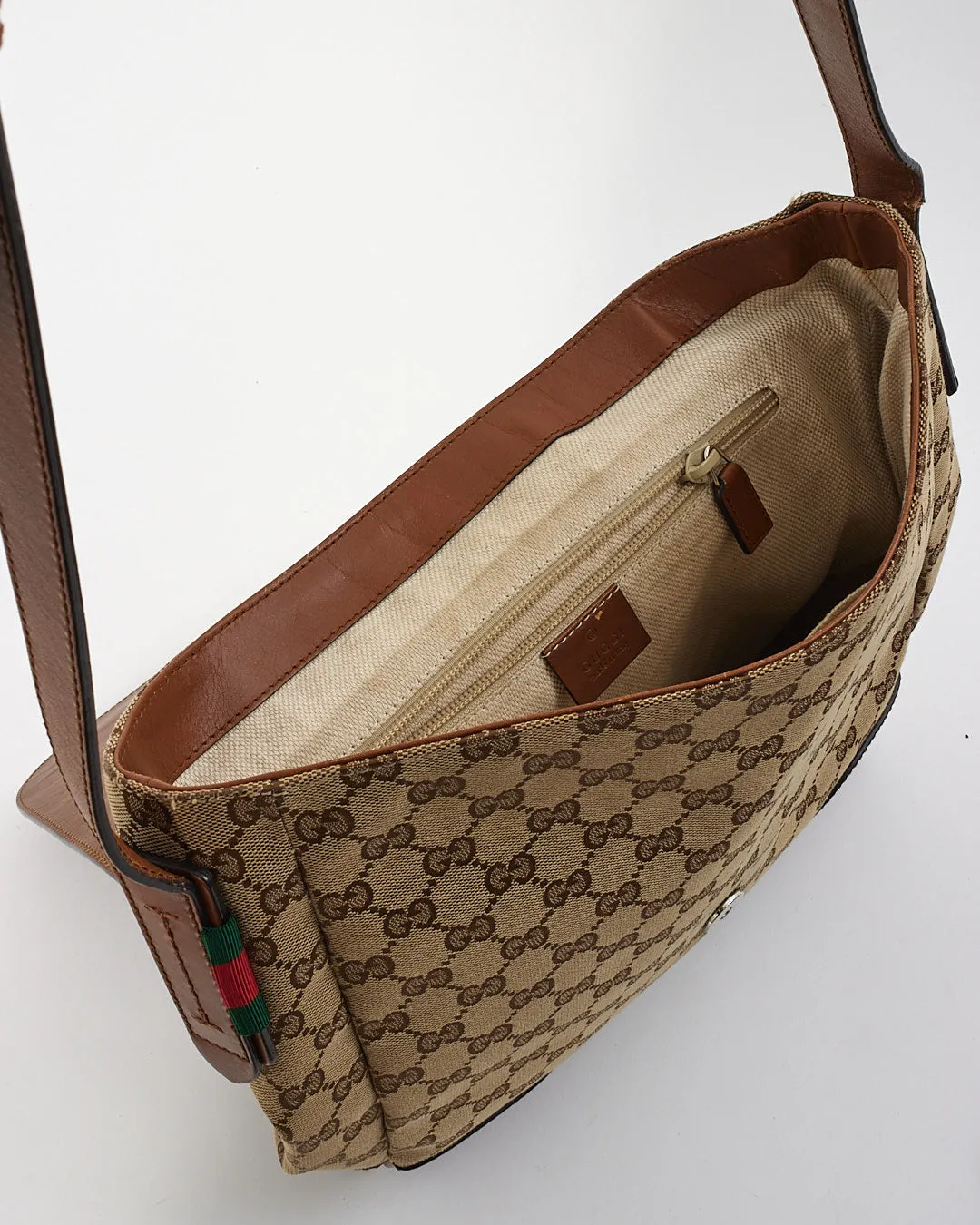 Gucci Monogram GG Canvas Tan Leather Flap Vertical Messenger Bag