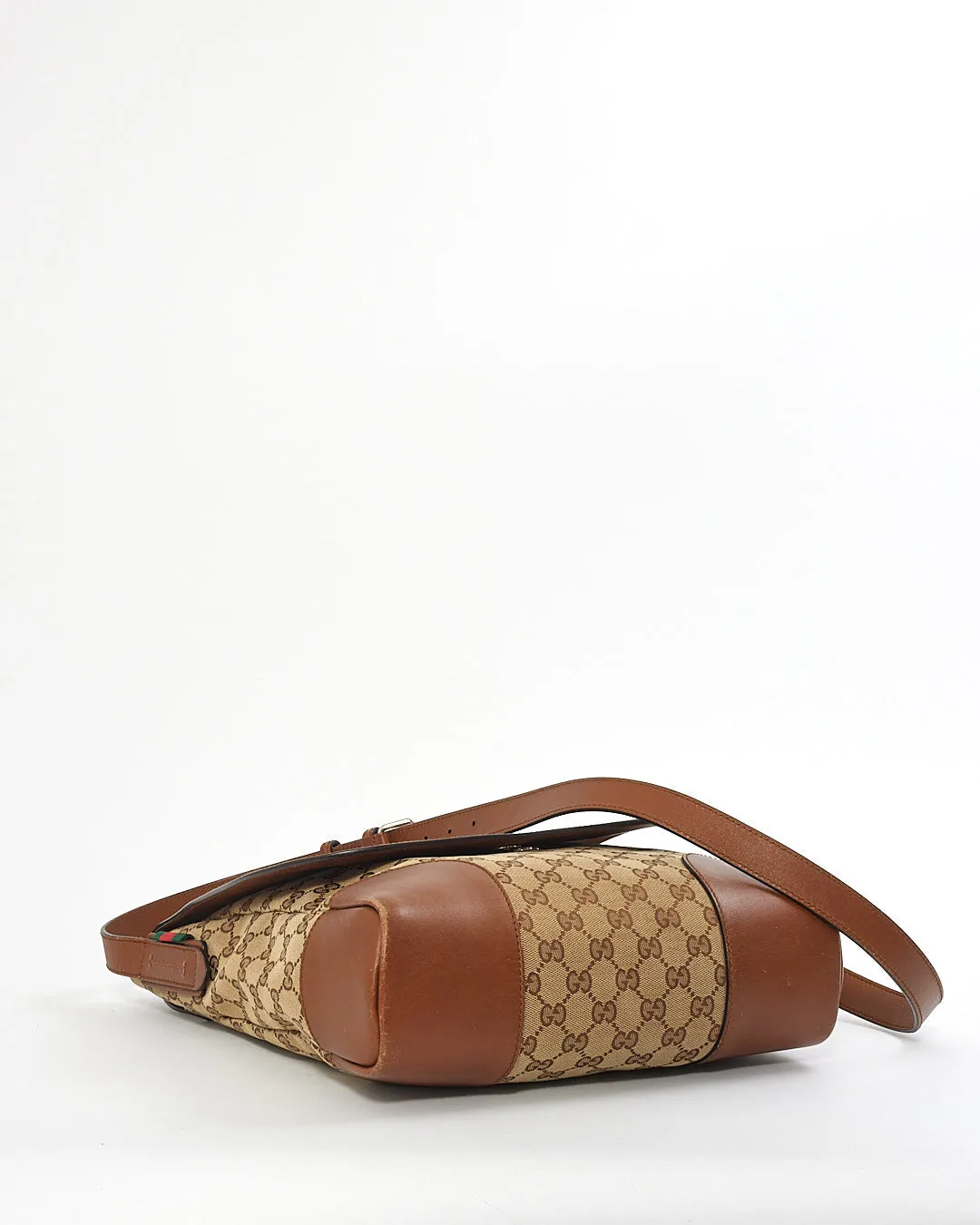 Gucci Monogram GG Canvas Tan Leather Flap Vertical Messenger Bag