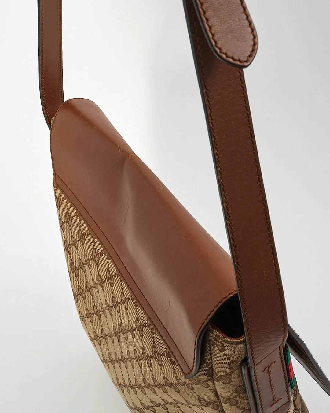 Gucci Monogram GG Canvas Tan Leather Flap Vertical Messenger Bag