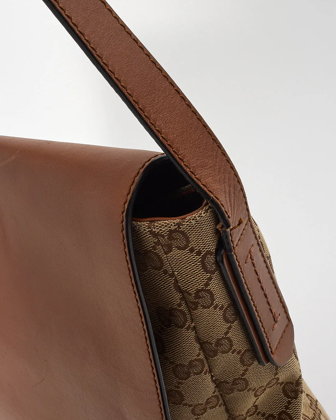 Gucci Monogram GG Canvas Tan Leather Flap Vertical Messenger Bag