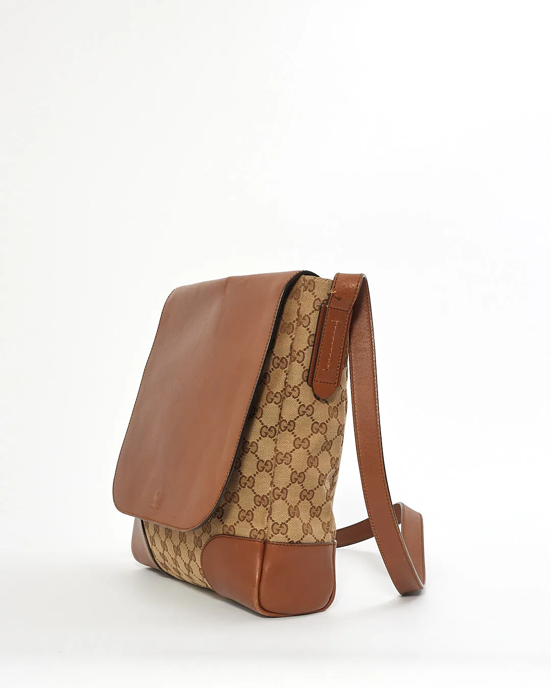 Gucci Monogram GG Canvas Tan Leather Flap Vertical Messenger Bag