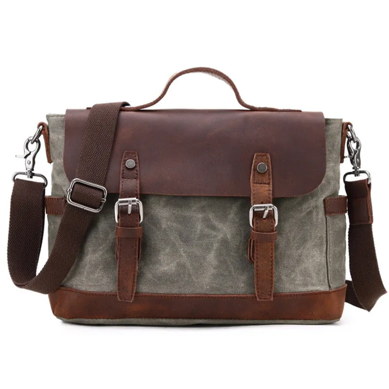 Handmade Canvas Leather Briefcase Vintage Crazy Horse Messenger Bag Crossbody Shoulder Bag Laptop Bag