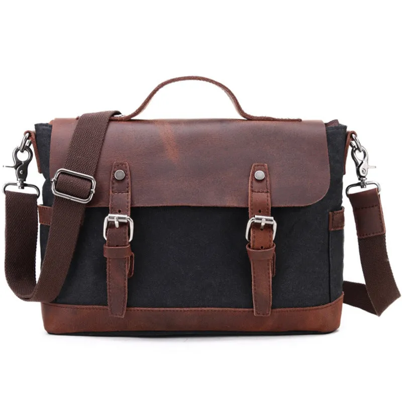 Handmade Canvas Leather Briefcase Vintage Crazy Horse Messenger Bag Crossbody Shoulder Bag Laptop Bag
