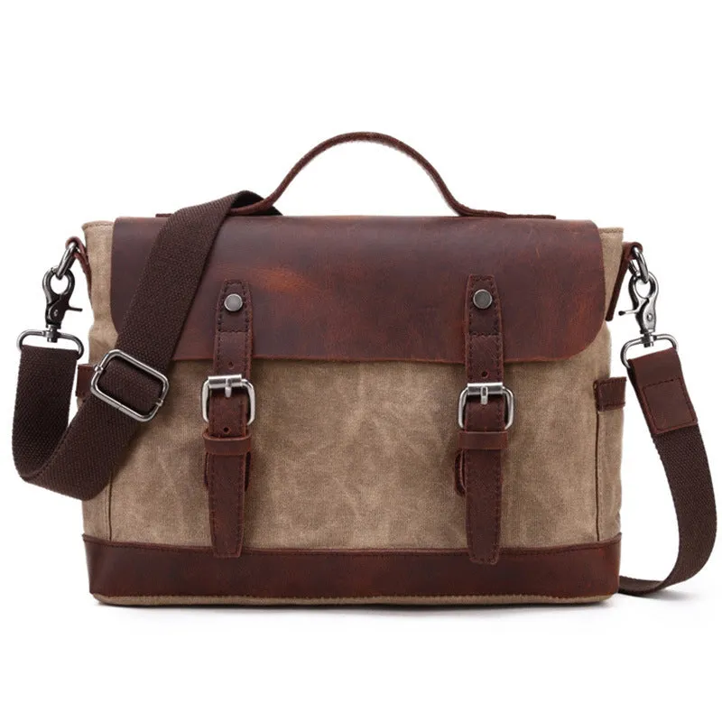 Handmade Canvas Leather Briefcase Vintage Crazy Horse Messenger Bag Crossbody Shoulder Bag Laptop Bag
