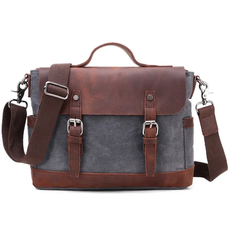 Handmade Canvas Leather Briefcase Vintage Crazy Horse Messenger Bag Crossbody Shoulder Bag Laptop Bag