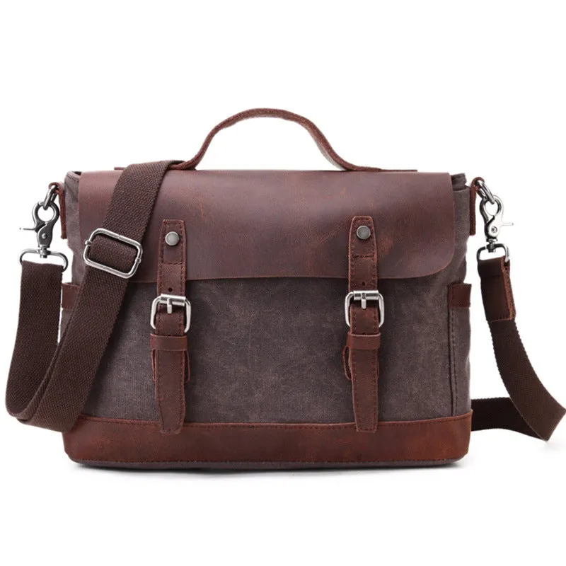 Handmade Canvas Leather Briefcase Vintage Crazy Horse Messenger Bag Crossbody Shoulder Bag Laptop Bag