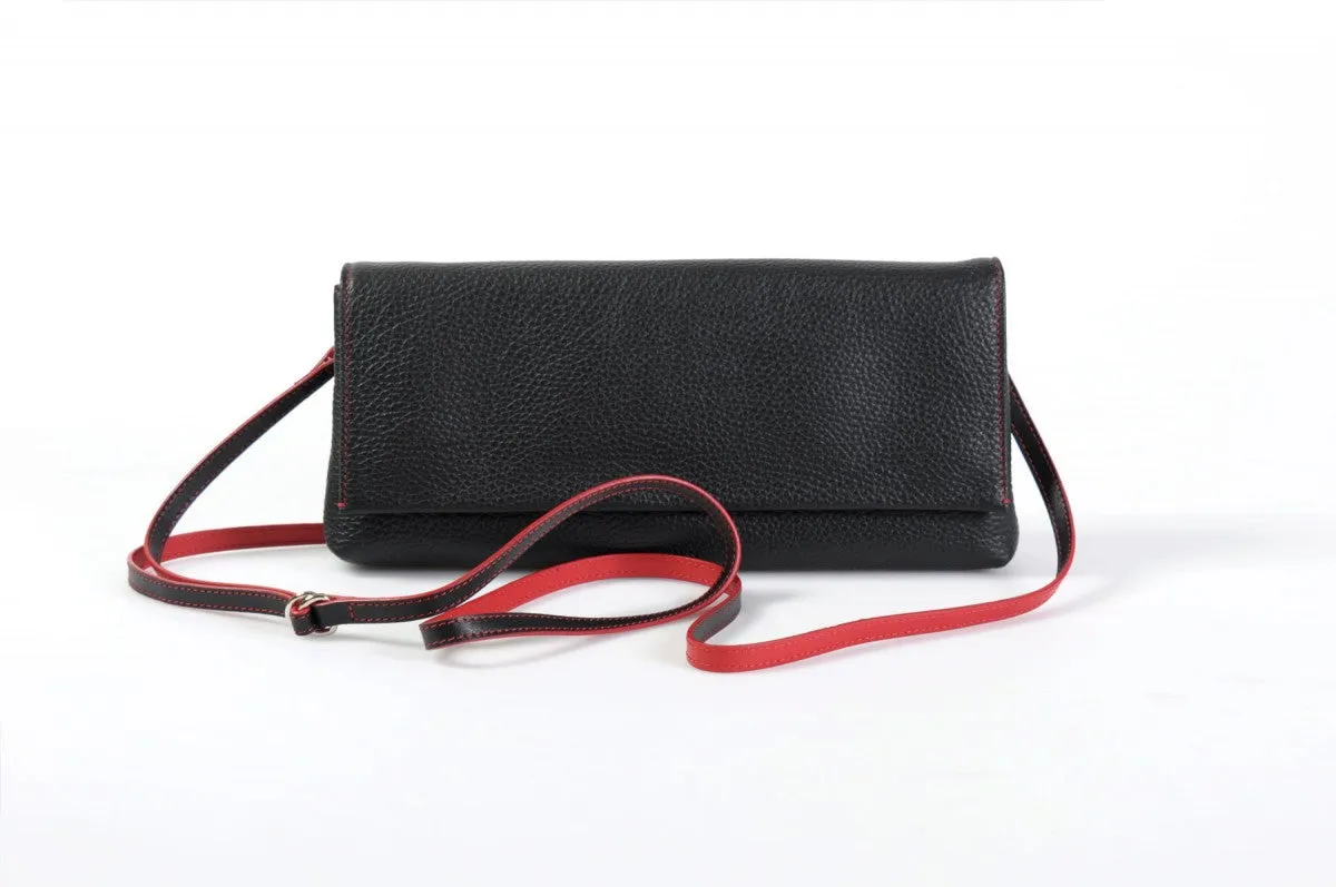 Handmade Italian Leather Clutch - Rimini - Onyx Black - Lava Red Trim