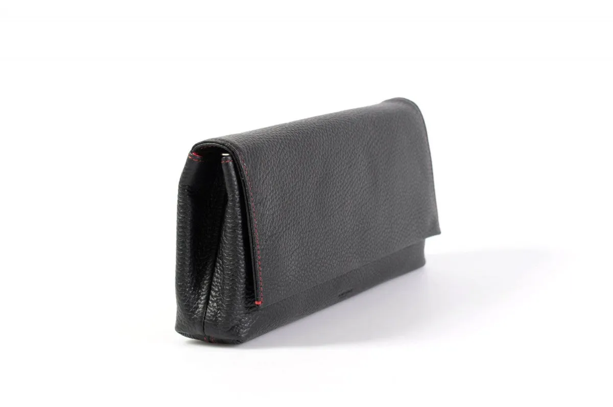 Handmade Italian Leather Clutch - Rimini - Onyx Black - Lava Red Trim