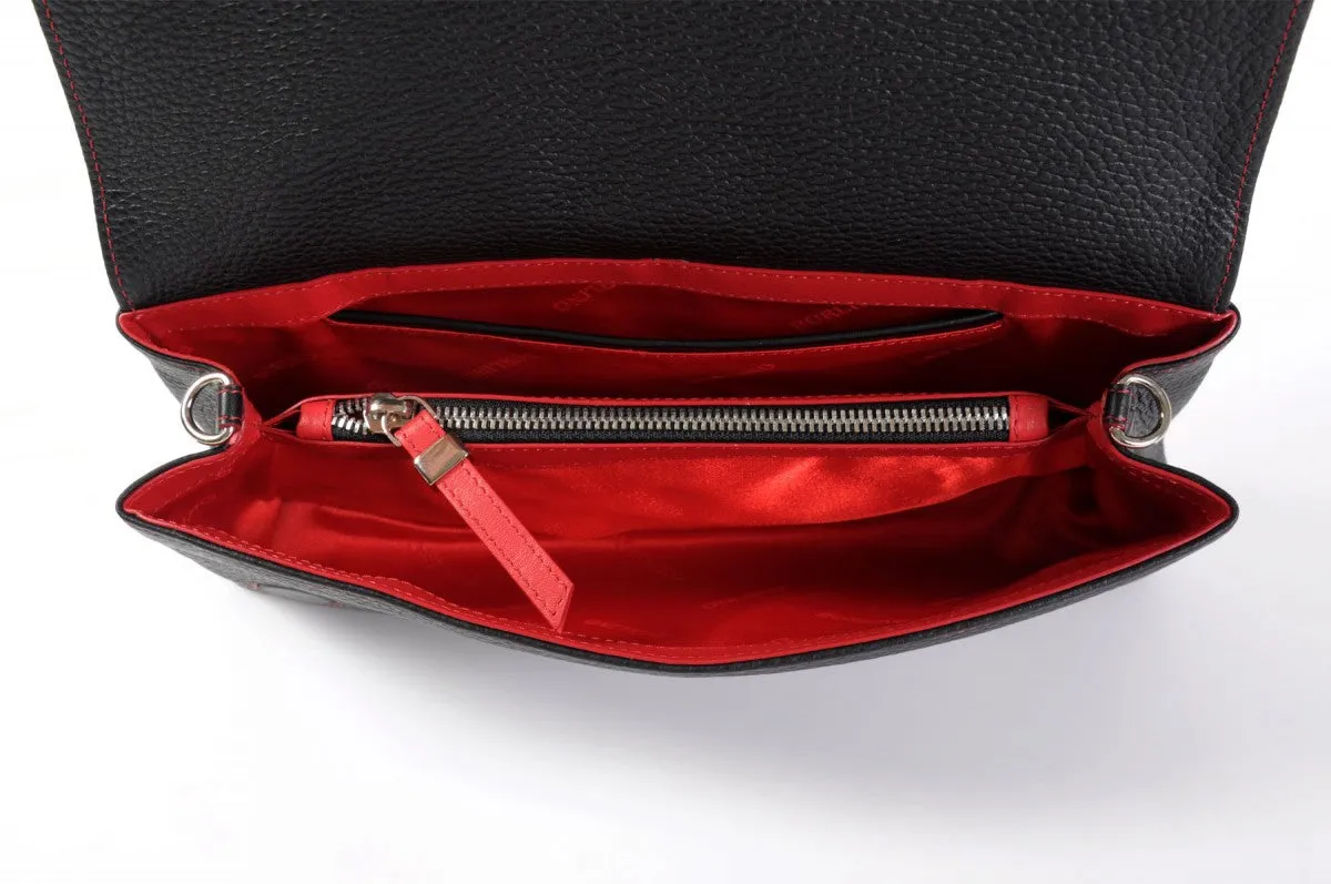 Handmade Italian Leather Clutch - Rimini - Onyx Black - Lava Red Trim