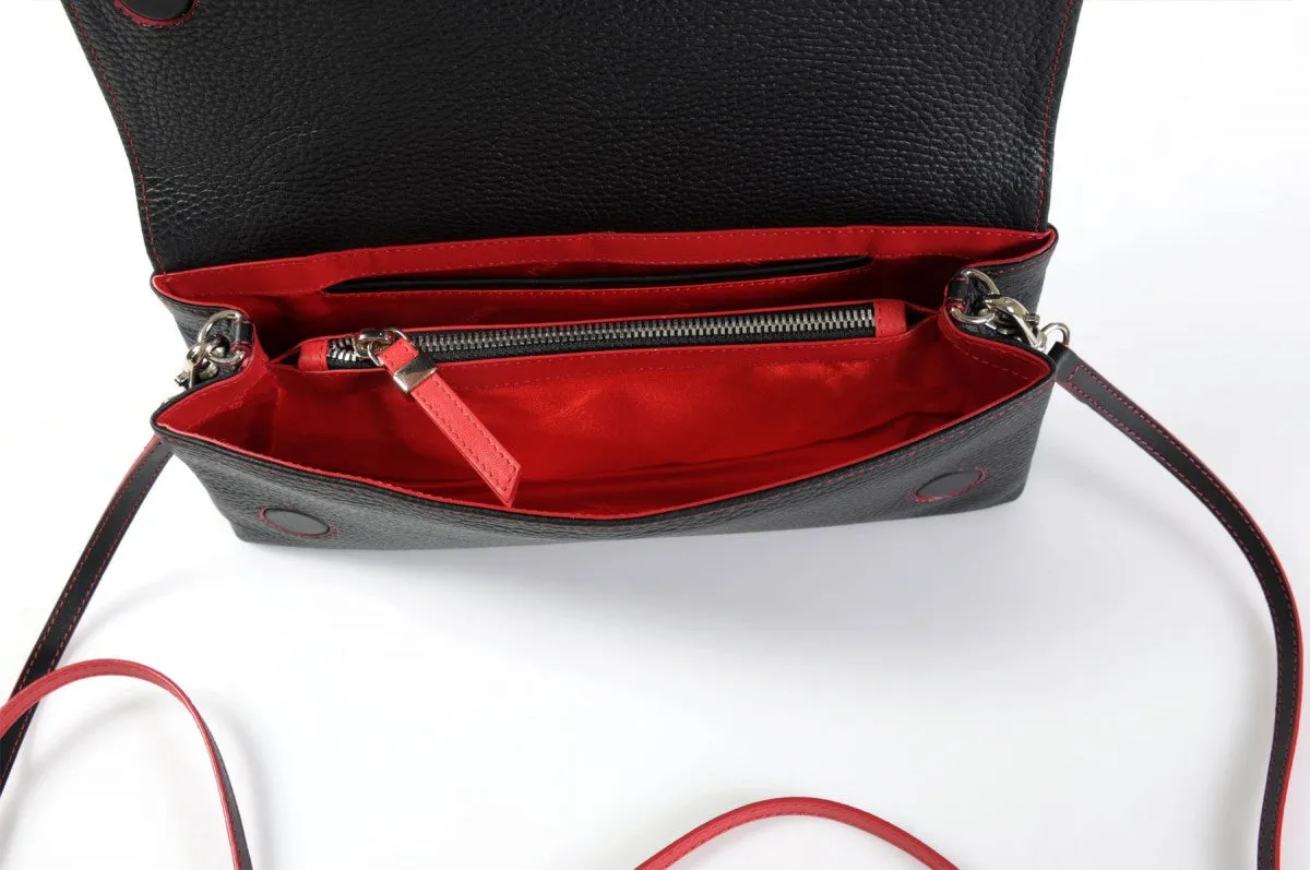 Handmade Italian Leather Clutch - Rimini - Onyx Black - Lava Red Trim