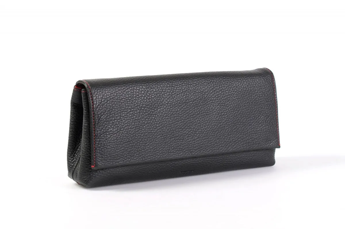 Handmade Italian Leather Clutch - Rimini - Onyx Black - Lava Red Trim