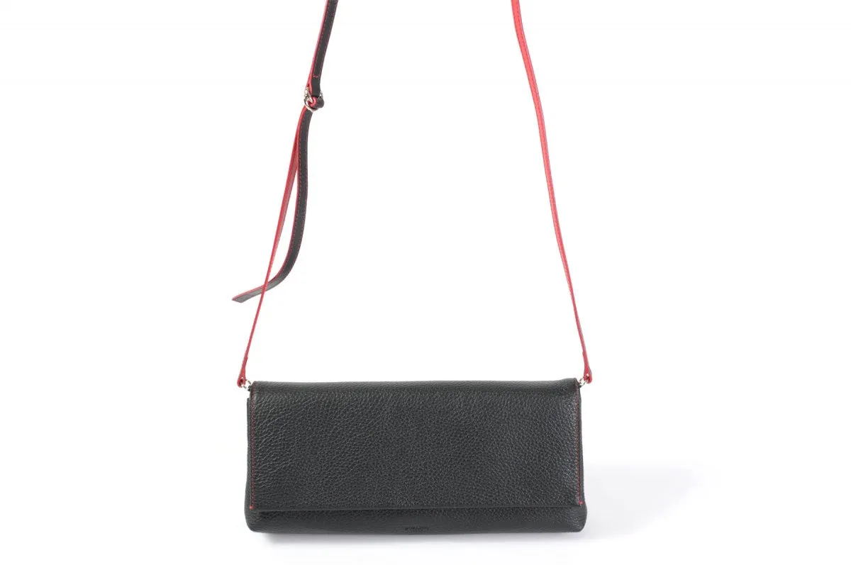 Handmade Italian Leather Clutch - Rimini - Onyx Black - Lava Red Trim