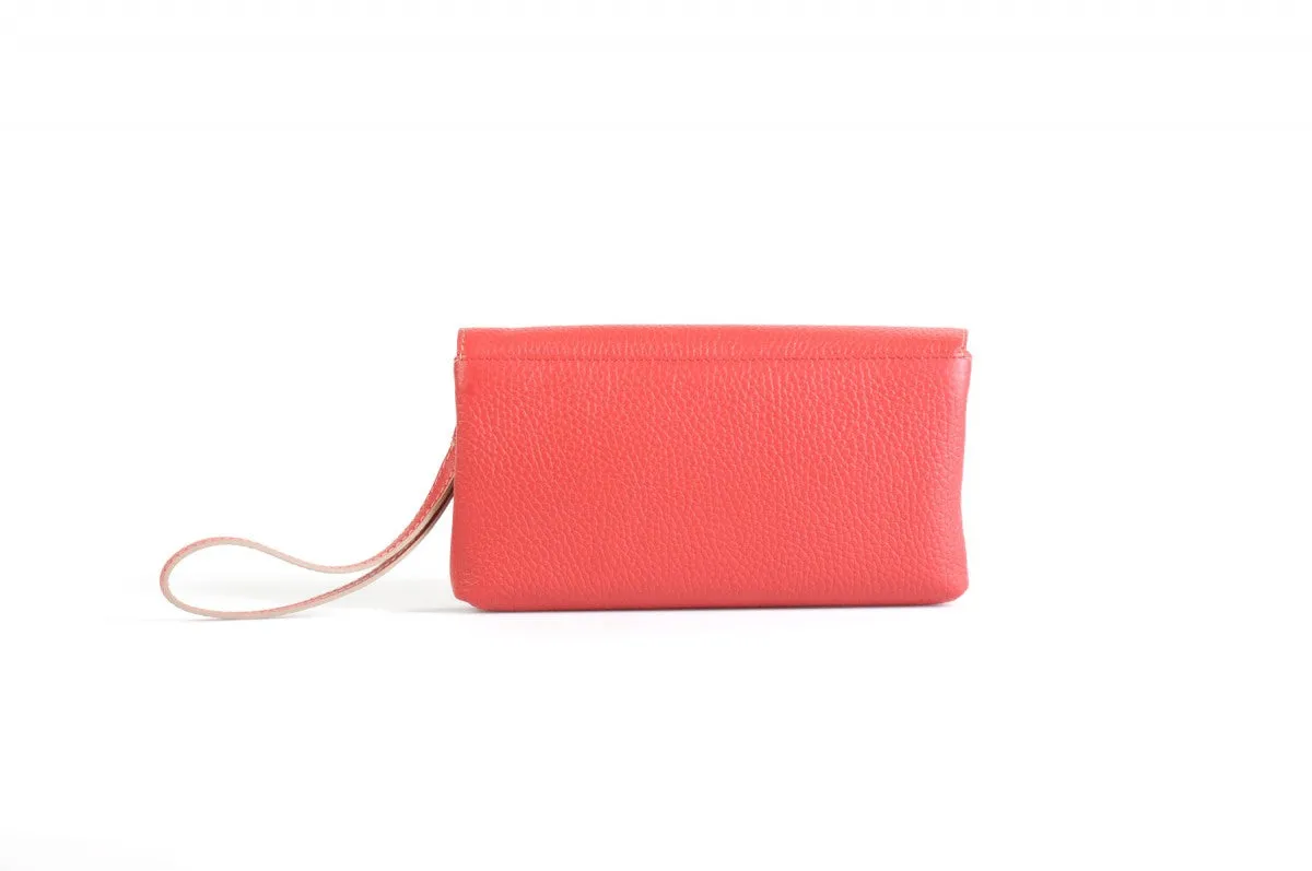 Handmade Italian Leather Clutch - Roma - Lava Red - Natural Trim