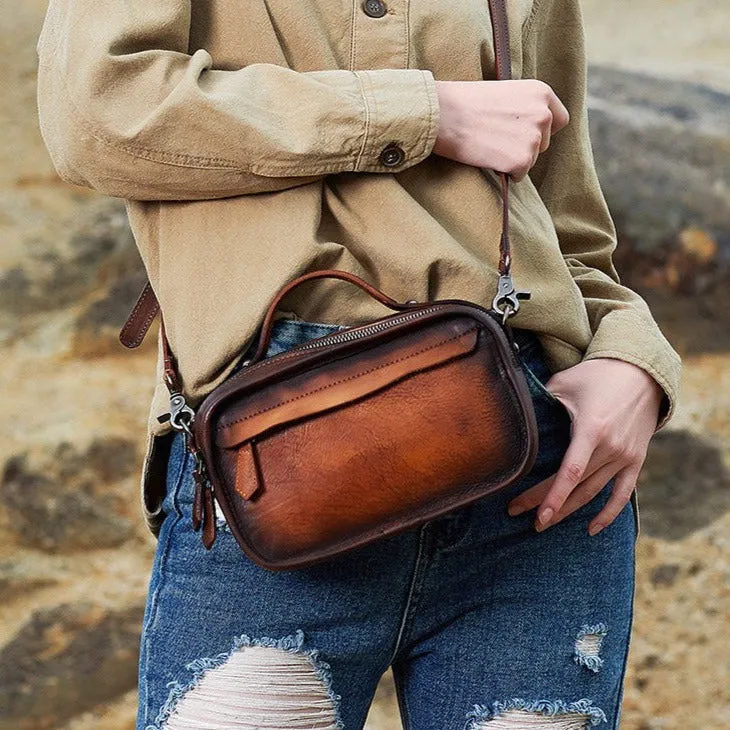 Handmade Womens Brown Leather Mini Satchel Shoulder Bag Best Handbag Cube Crossbody Purses for Ladies
