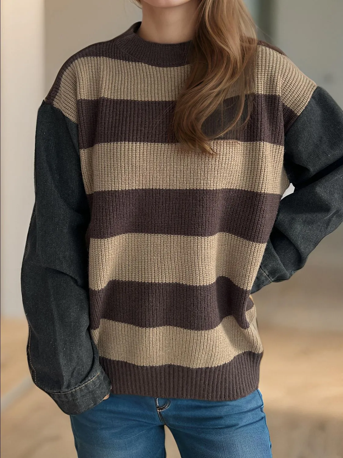 Hazel Blues® |  Contrast Round Neck Long Sleeve Sweater