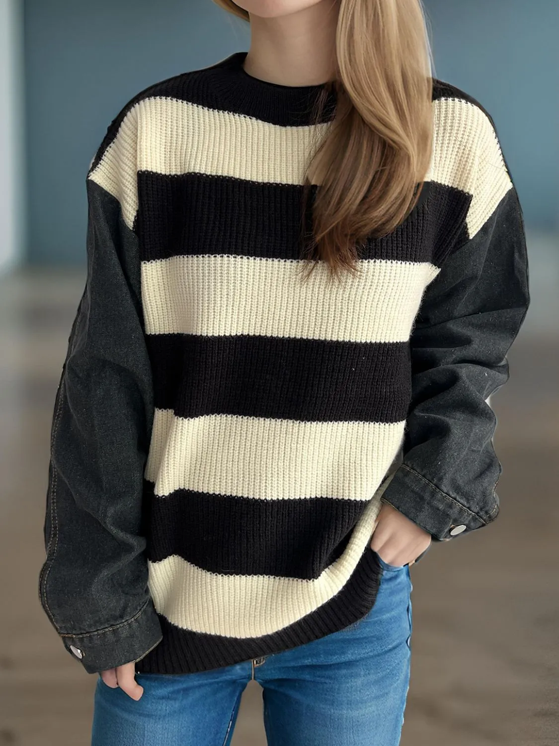 Hazel Blues® |  Contrast Round Neck Long Sleeve Sweater