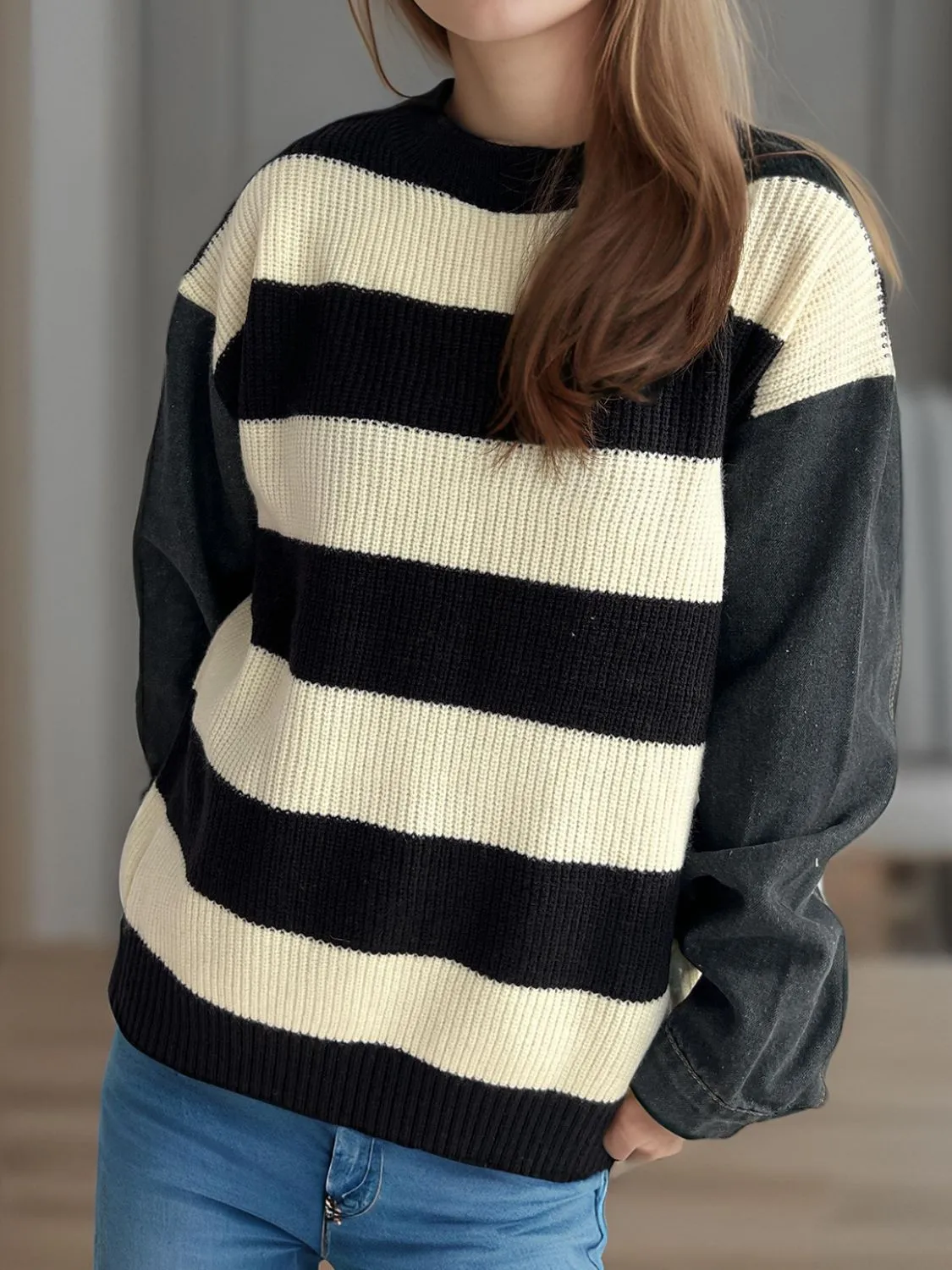 Hazel Blues® |  Contrast Round Neck Long Sleeve Sweater