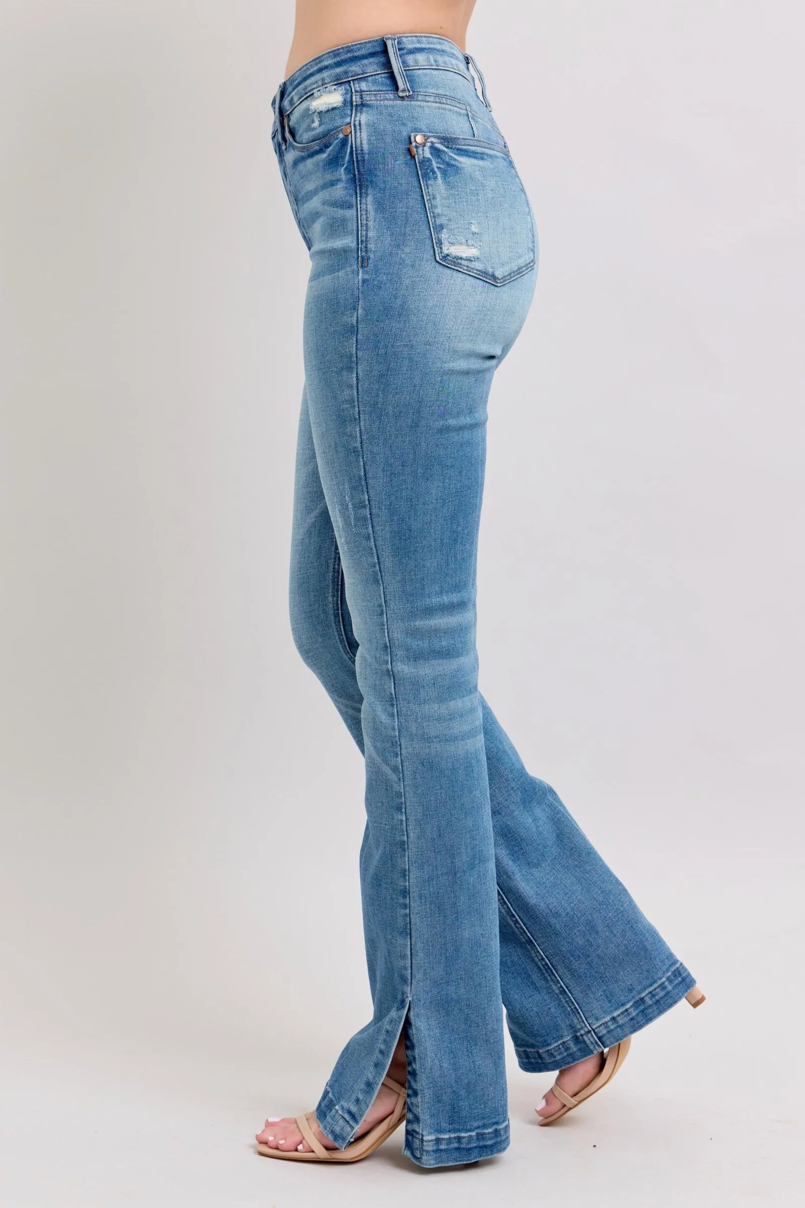 Hazel Blues® |  Judy Blue HW Tummy Control Vintage Wash Side Slit Slim Boot Jeans