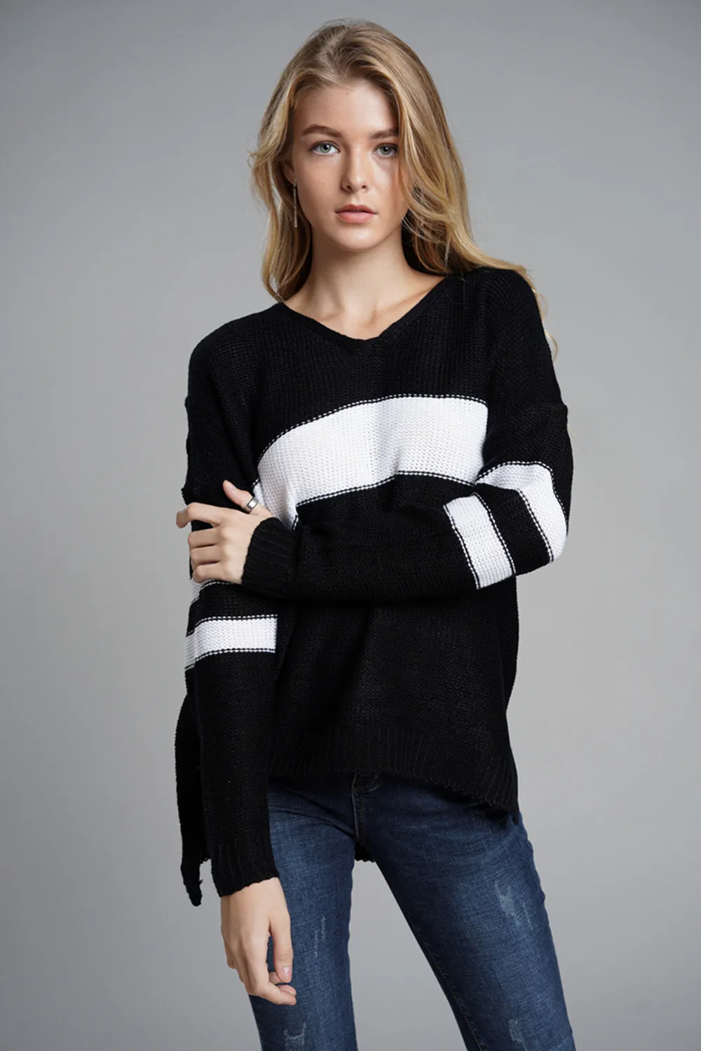 Hazel Blues® |  Slit Contrast V-Neck Long Sleeve Sweater