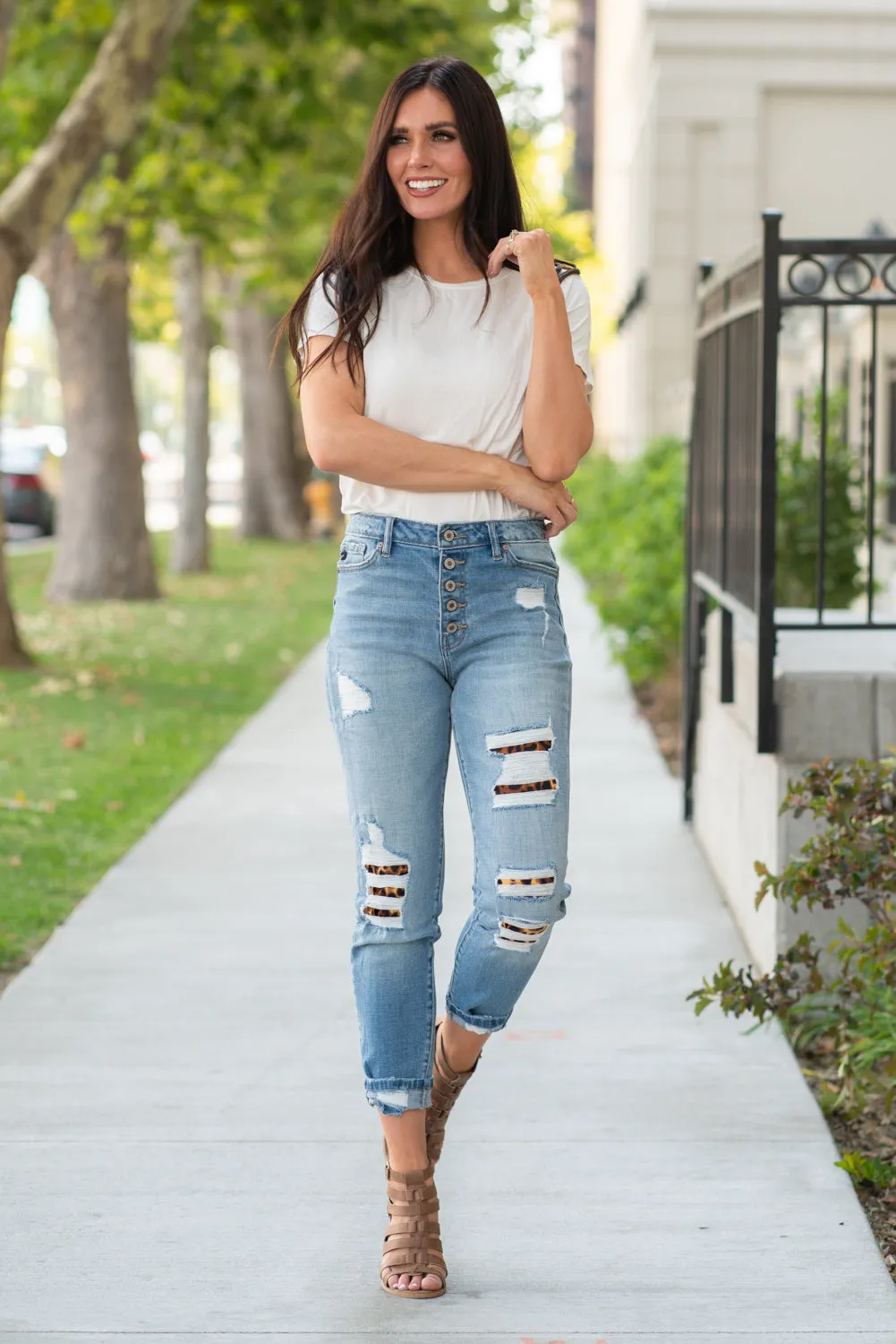 High Rise Button Fly Leopard Patch Skinny