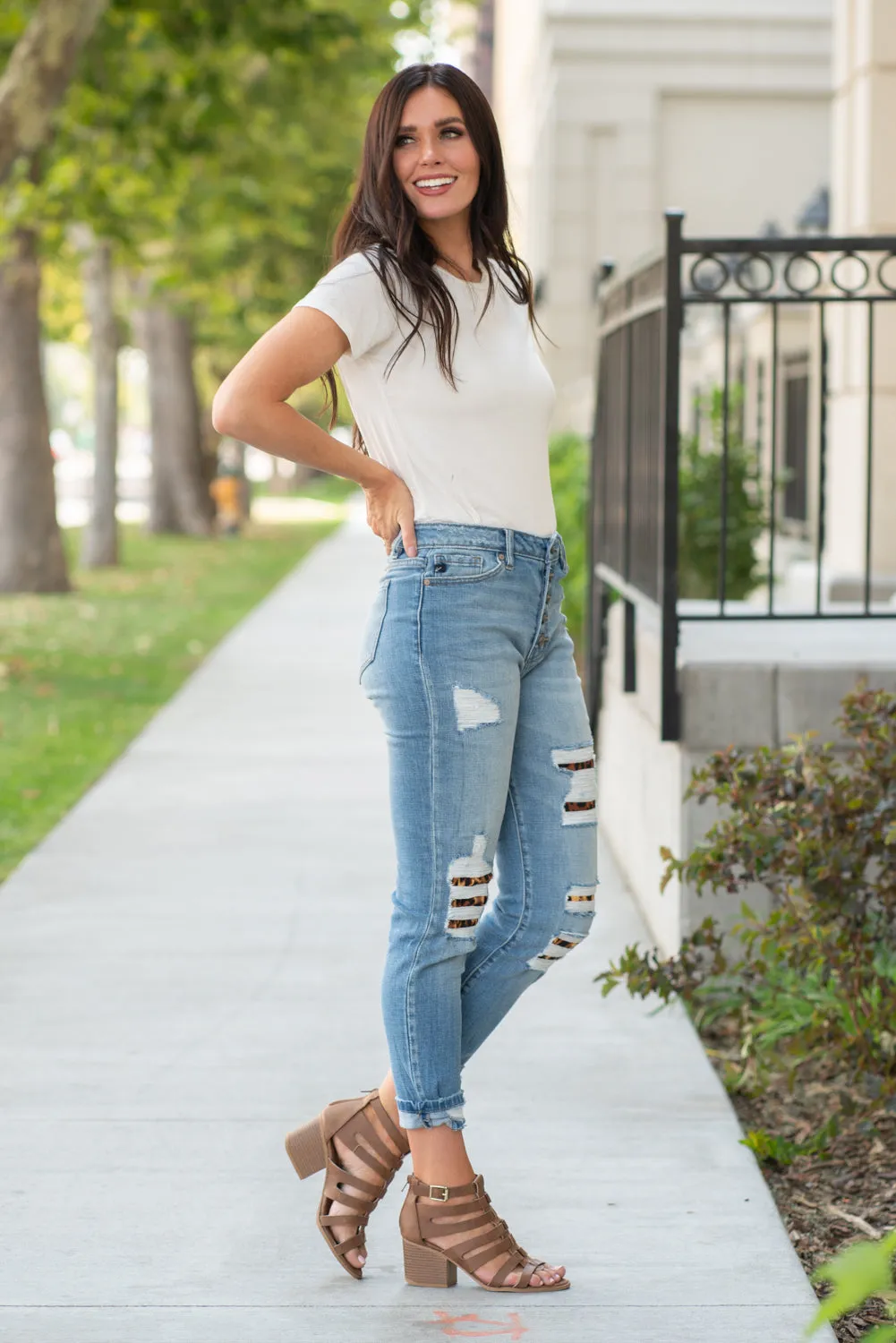 High Rise Button Fly Leopard Patch Skinny